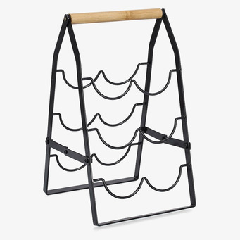 Bild av elegant vinställ med svart metall och trädetaljer