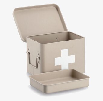 Bild på stilren beige plåtburk för medicinförvaring