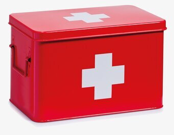 Bild av röd plåtburk för medicinförvaring och inredning