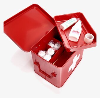 Bild av röd plåtburk för medicinsk förvaring hemma