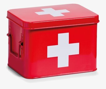 Bild på röd plåtburk med vit korssymbol och handtag