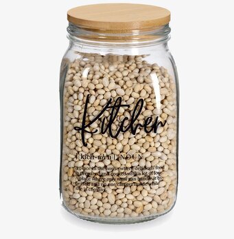 Bild av elegant glasburk med trälock och vita bönor