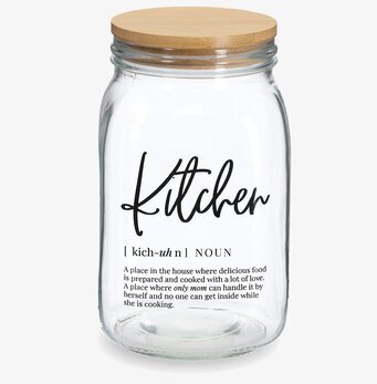 Bild av elegant glasburk med trälock och humoristisk text