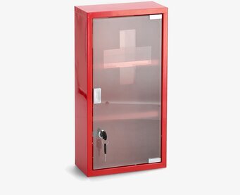 Bild av stilrent rött medicinskåp med glasdörr