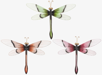 Bild av tre dekorativa trollsländor i olika färger