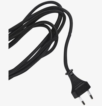 Bild av svart textilklädd sladd med europisk kontakt
