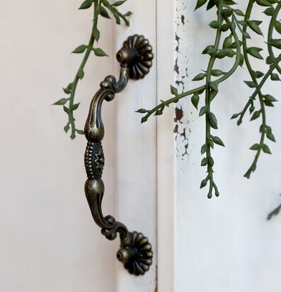 Bild av antikt väggskåp med rustik charm och grönska