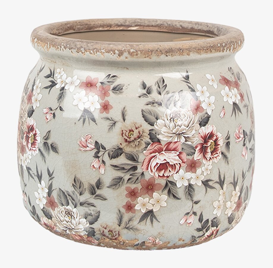 Kruka Flower Grå/Rosa Ø16cm Clayre & Eef Krukor Örtkrukor Glaskrukor