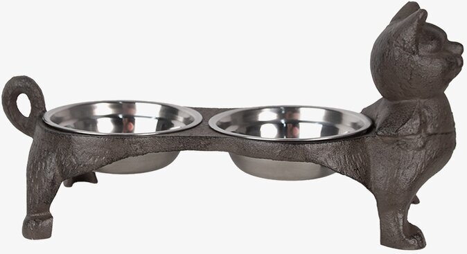 Bild av gjutjärnsmatskål med kattdesign och metallskålar