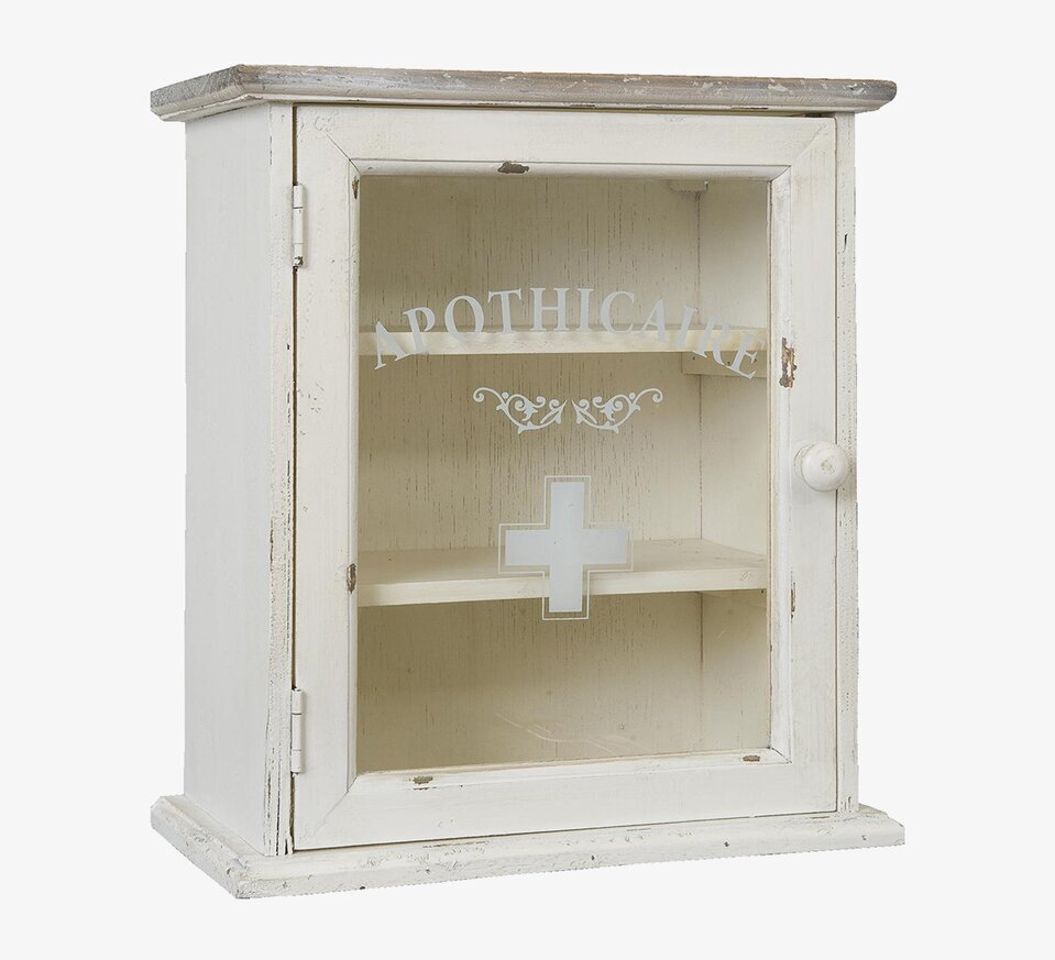 Bild av antikvitt medicinskåp med glasdörr och patina
