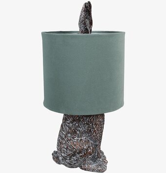Foto av unik bordslampa med kaninmotiv och grön skärm