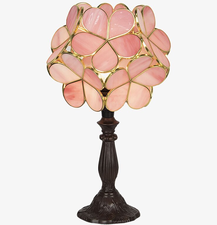 Bild av bordslampa med mosaik i rosa och mässingstoner