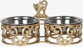 Bild på dekorativ kattmatskål med gyllene järnhållare