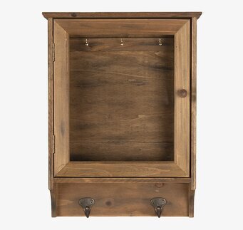 Bild av rustikt nyckelskåp i trä med krokar och handtag