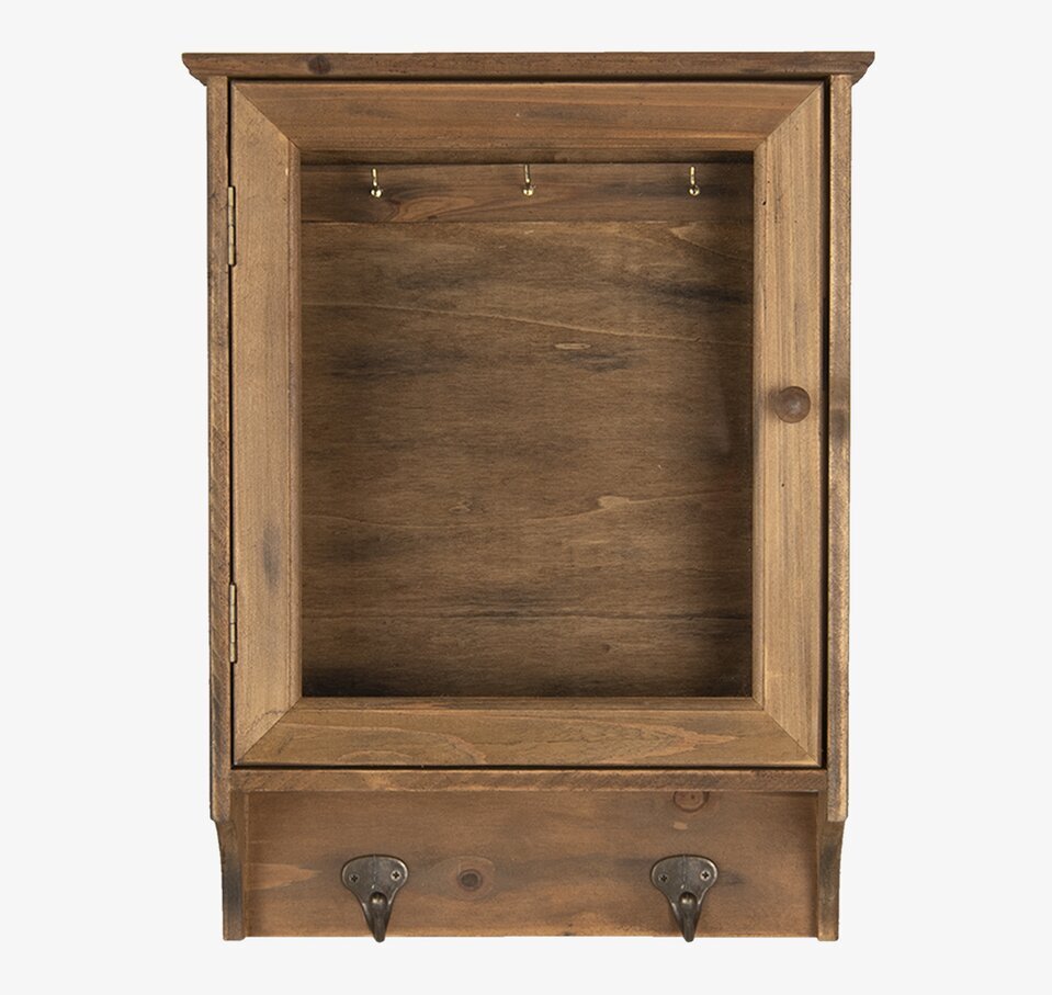 Bild av rustikt nyckelskåp i trä med krokar och handtag