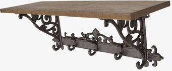 Bild av stilfull vägghylla med krokar och trädetaljer