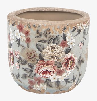 Bild av elegant kruka med blommotiv i grått och rosa