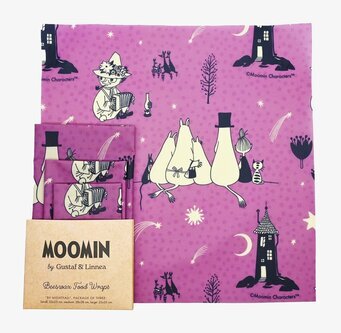 Bild: Lila bivaxduk med Muminmotiv och kvällskänsla