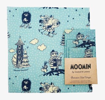 Bild av charmig bivaxduk med Mumin i vinterlandskap