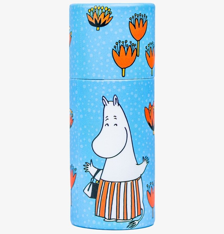 Bild av läppbalsam med Mumintrollet och blommor