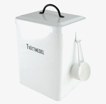 Foto av stilfull plåtburk för tvättmedel i tvättstugan