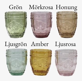 Foto av färgglada tumblerglas i sex olika nyanser