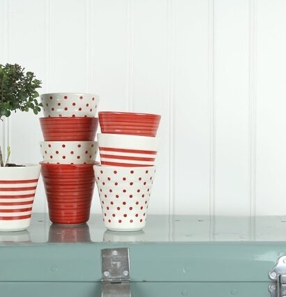 Lattemugg Prick Röd från Strömshaga på turkos förvaringskista