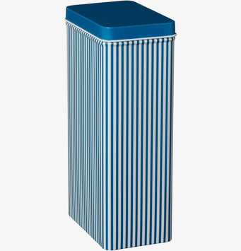 Bild av randig blå och vit plåtburk för heminredning