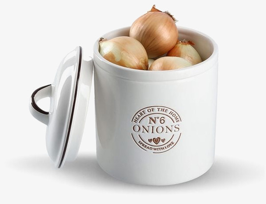 Bild av stilren keramisk burk för lökförvaring i köket