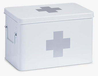 Bild av vit medicinburk med grått kors och handtag