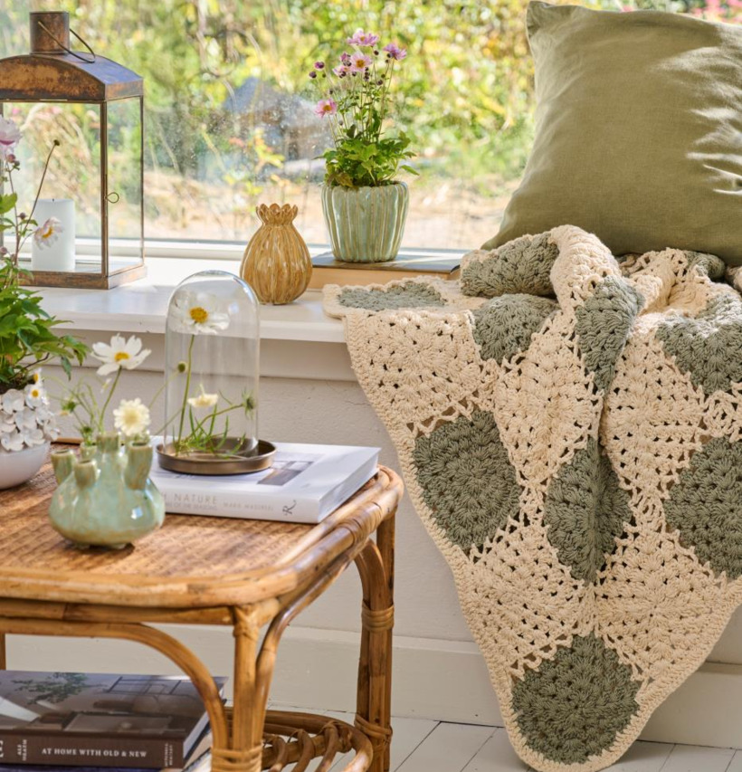 Virkad Pläd Creme/Grön IB Laursen Täcken, filtar, plädar och överkast Filtar Plädar Överkast