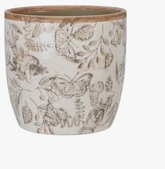 Foto av kruka med fjärilar och bladverk i jordnära toner