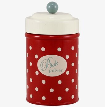 Bild av retro plåtburk med röda och vita polkaprickar