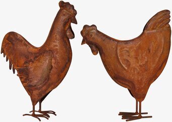 Bild av dekorativa tupp- och hönsfigurer i rostig stil