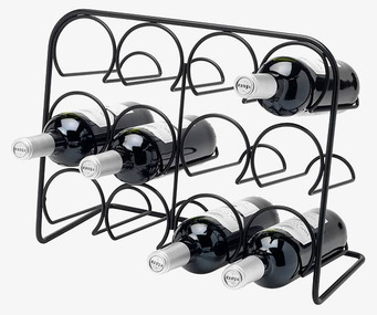Bild av stilrent vinställ i svart metall med sex flaskor