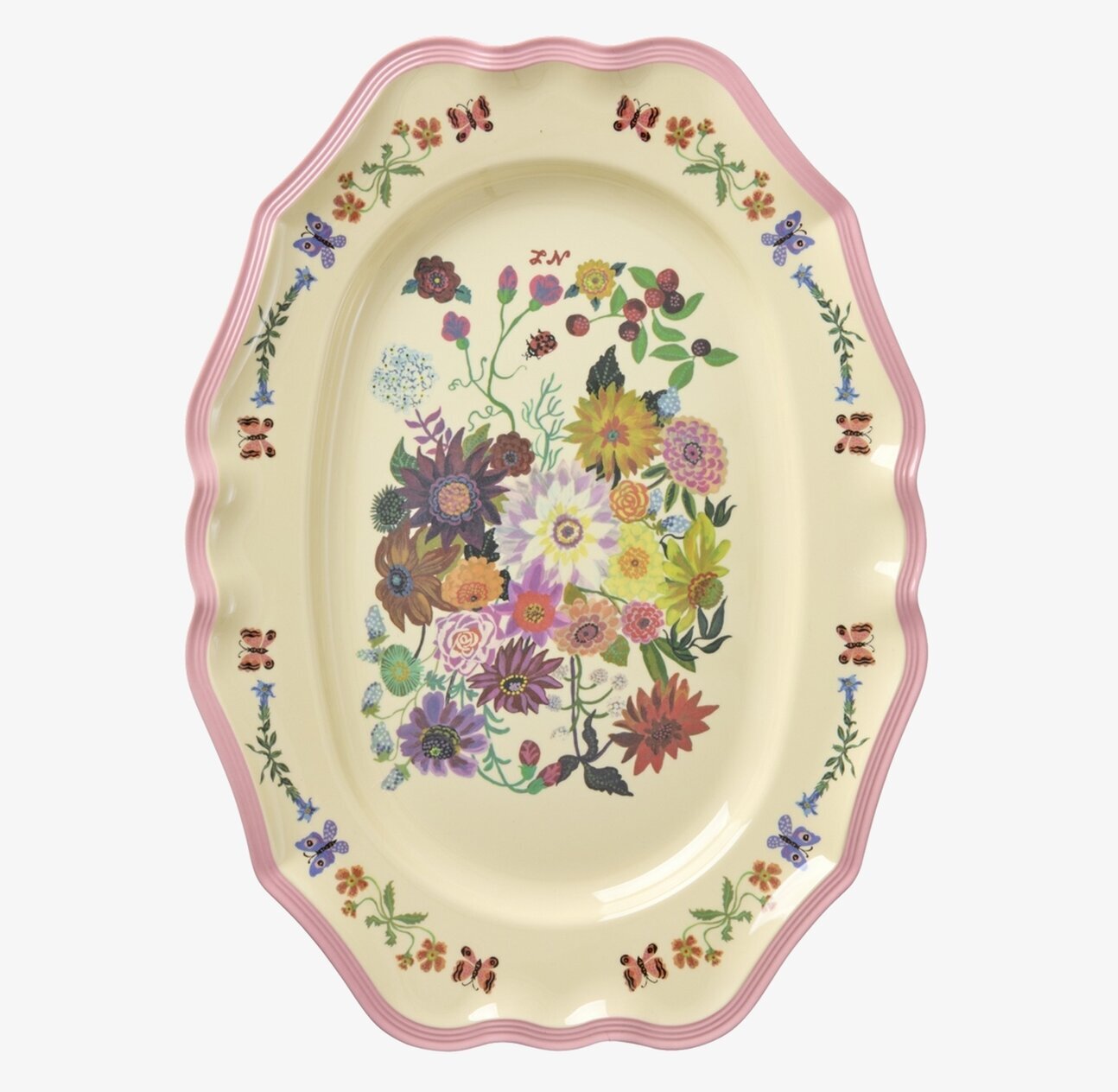 Bild av serveringsfat med färgglada blommor och fjärilar