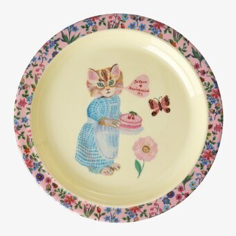 Bild av en charmig barntallrik med katt och blommor