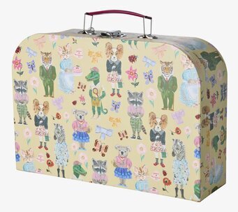 Bild av dekorativ väska med djurmotiv och rött handtag