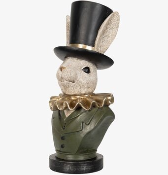 Bild av detaljrik kaninskulptur med hatt och kavaj