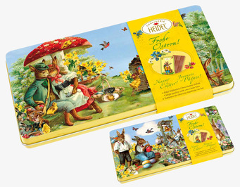 Bild av plåtask med påsktema och chokladöverraskning