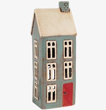 Bild av unik ljuslykta formad som ett mörkgrått hus