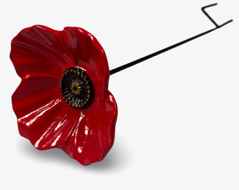 Bild av dekorativt fågelbad med vallmodesign och röd färg