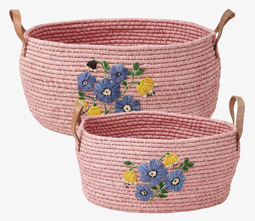 Rund Rosa Raffiakorg från Rice med blommönster och handtag