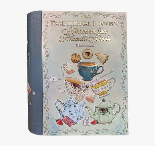 Bild av bokformad burk med te-tema och detaljerad design