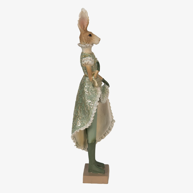 Bild av en kaninfigur i grön klänning med detaljer