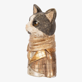 Foto av intrikat designad kattstaty i guld och grått