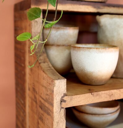 Bild av rustik vägghylla med keramik och grön hängväxt