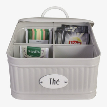 Bild av stilfull plåtburk för te med praktiska fack