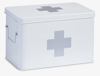 Bild av vit plåtburk för medicinsk förvaring med kors