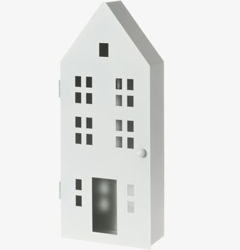 Bild av vitt nyckelskåp i husform med minimalistisk design